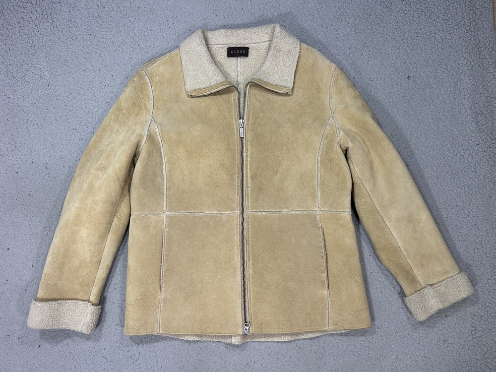 Guess Jacket Womens Large Beige Leather Sherpa Lined Full Zip Collared Winter